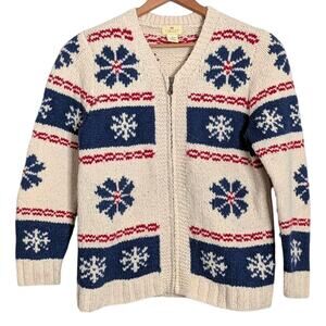 VTG Wool Fair Isle Snowflake Cardigan Sweater Chunky‎ Knit Women Small Apres Ski